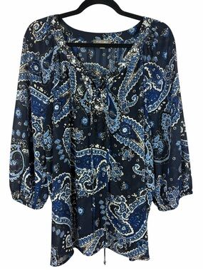 Roz & Ali Woman 2X Blue Paisley Peasant Blouse Beaded Tie Neck Boho Top